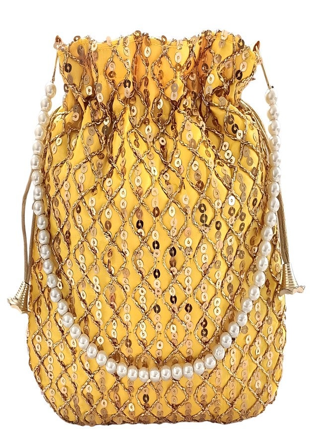 DUCHESS Lemon Potli Bags for Women | Combo of Wedding Return Gift Bags with Pearl Handle | Ethnic Drawstring Pouches for Mehndi, Haldi, Party Favors (Set of 10) - Image 3